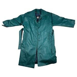 London‎ Fog Vtg USA Women’s Midi Trench Coat Insulated Lined Green Print Size 8P